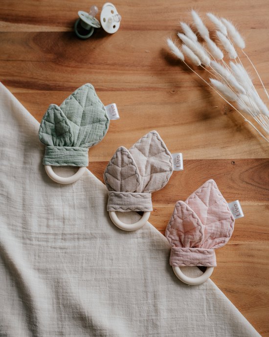 Little Livo Siliconen Bijtring Baby Mint met Knisperende Blaadjes - Handgemaakt - Mousseline Katoen - Bijtspeelgoed - Zacht & Veilig van Little — afbeelding 2