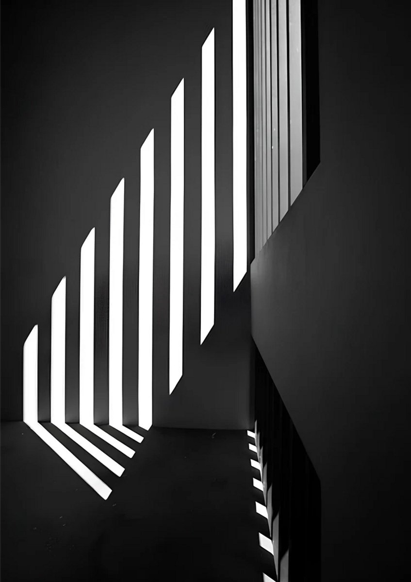 Yourwallarts.com - Wandpaneel - Canvas - Architecturaal Lichtstrepen Schaduw Abstracte Zwart Wit Muur