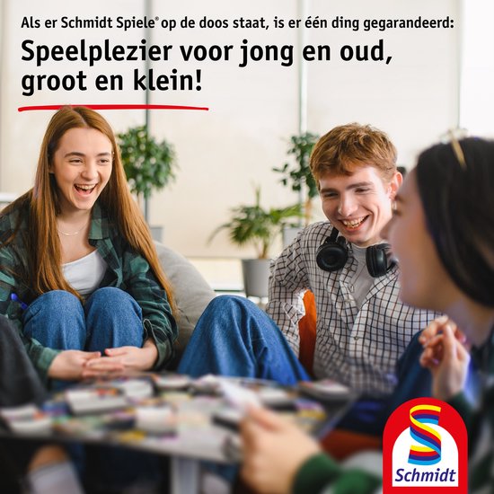 Drie lachende jongeren aan tafel met bordspellen. Tekst: 'Speelplezier voor jong en oud, groot en klein!'