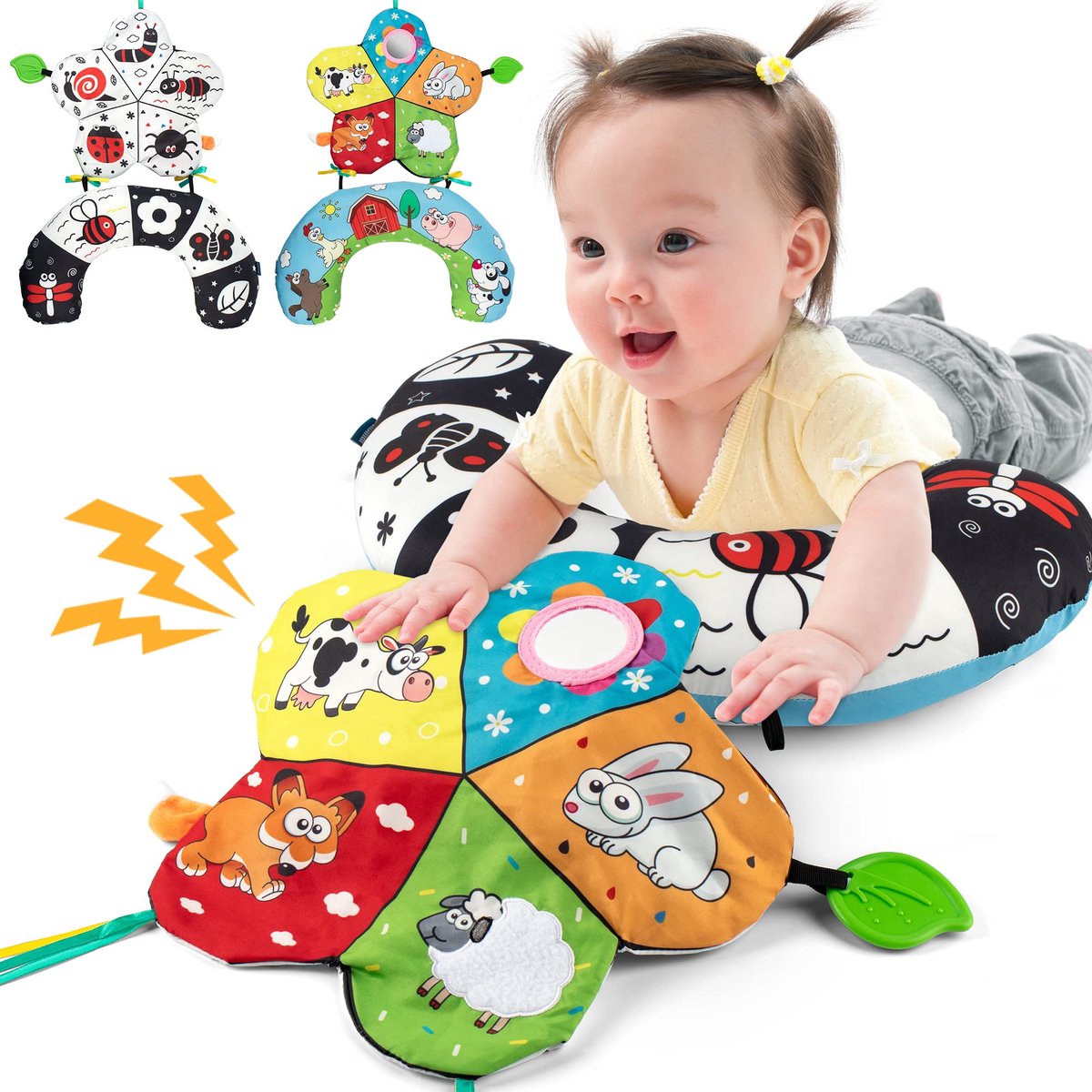 Buikligkussen voor baby's – Muzikaal speelkussen voor pasgeborenen – Babykussen met spiegel, bijtring, babyspeelgoed en sensorische functies – Activerend speelgoed voor baby's