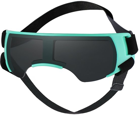 Turquoise hondenzonnebril met zwarte lenzen en verstelbare hoofdband.