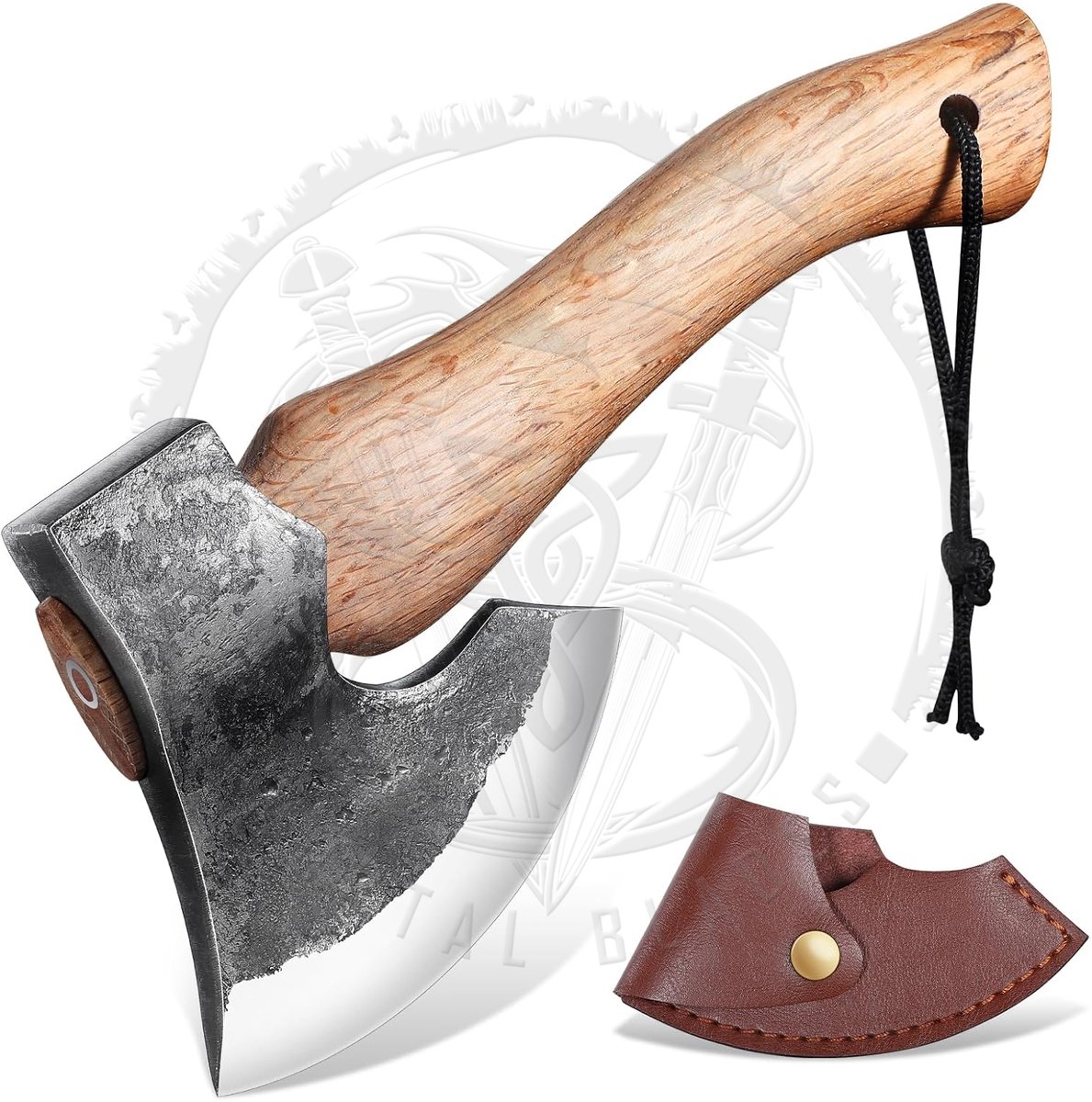Prachtig afgewerkte bijl in Noorse Viking stijl, Stevig handvat met een kort, klein geruwd RVS blad