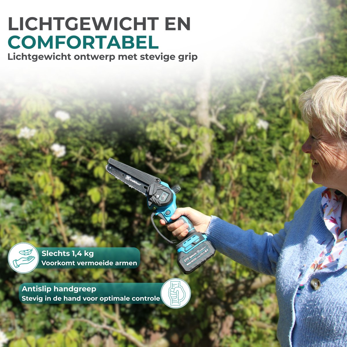 CraftRoot Elektrische Mini Kettingzaag - Draadloze Compacte Kettingzaag met Automatische Kettingsmering - Handkettingzaag - Snoeizaag - Takkenzaag - 2x 4.0Ah Accu's - Opberg Koffer - Brushless – foto 2