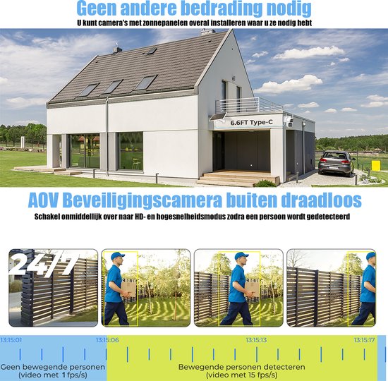 Draadloze buiten beveiligingscamera. Schakelt onmiddellijk over naar HD-modus bij detectie. Laat tijdslijn zien van bewegende personen.
