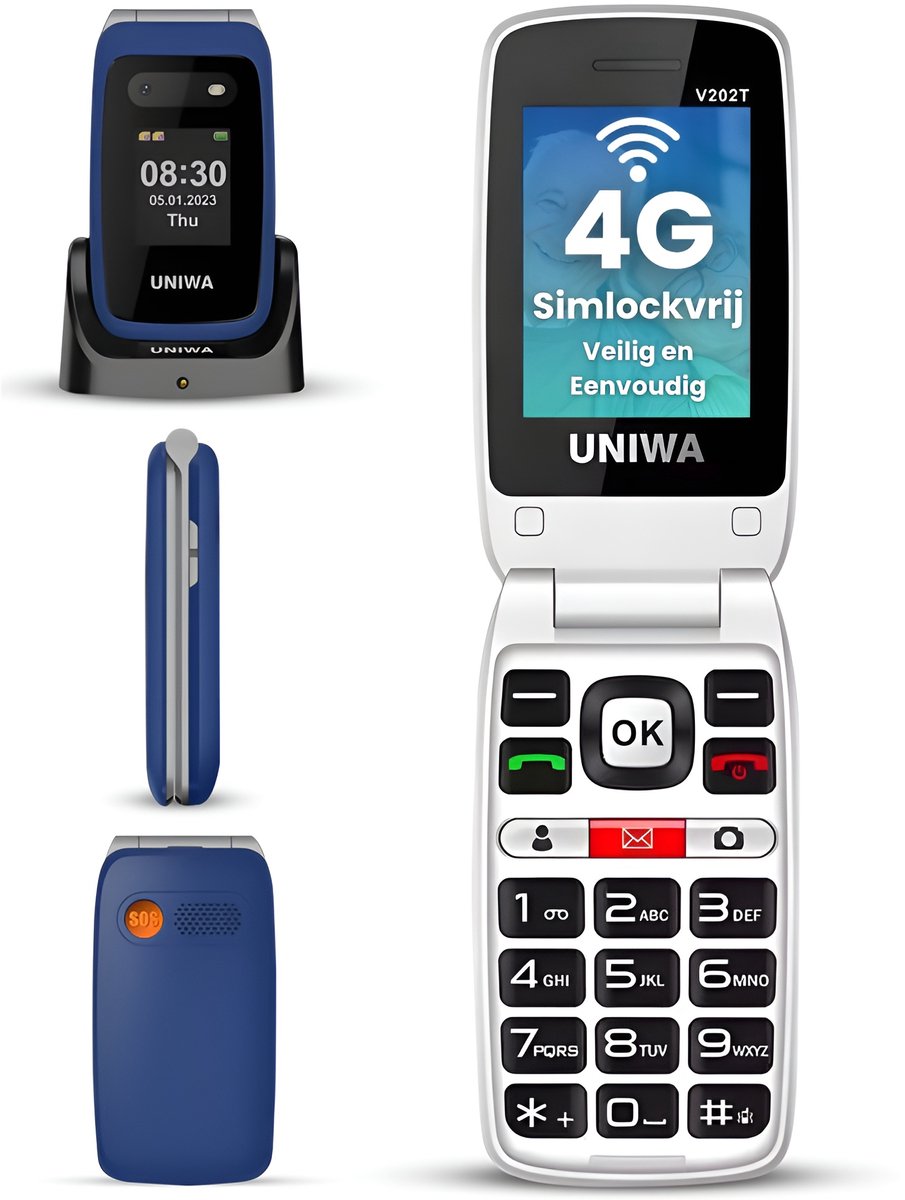 4G Senioren Mobiele Telefoon – Klaptelefoon met Grote Toetsen en Letters – SOS Noodknop – Senioren GSM – Dubbel Scherm – Oplaadstation – Simlockvrij – Eenvoudige Seniorentelefoon voor Ouderen Blauw – Oma Opa