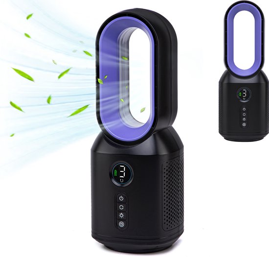Zwarte staande ventilator met paarse ring en digitale weergave, blaast bladeren.