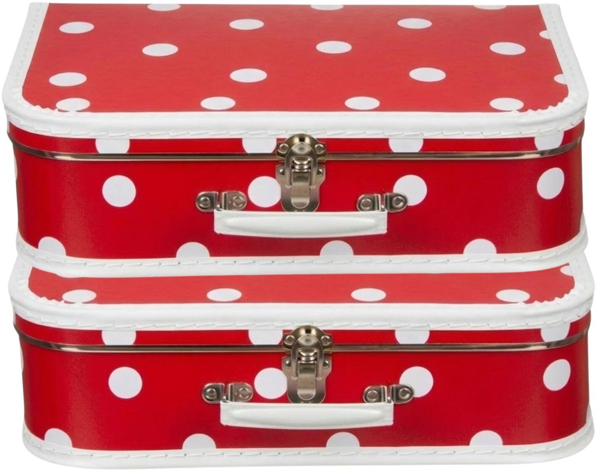 Kinderkamer opberkoffer polkadot - 2x - rood / wit - 35 cm - karton - kinderkoffer - speelkoffer