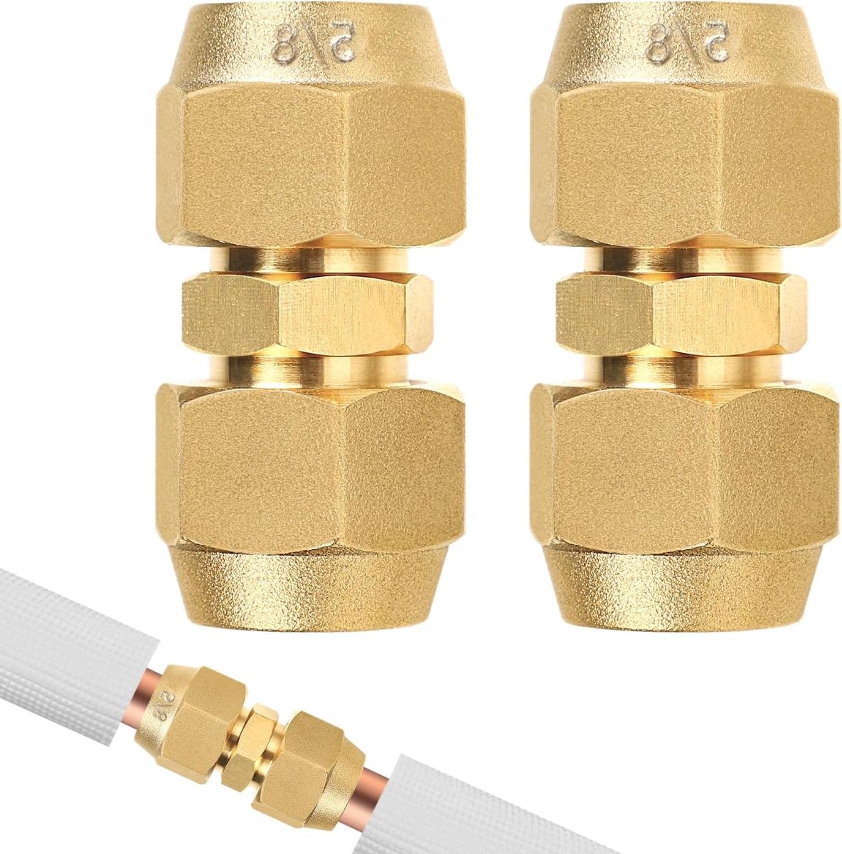 Dubbele Nippel voor Koperbuizen 5/8 Inch - Koper en Messing Verbindingsstukken voor Airconditioning en Verwarming, Set van 2 Unionmoeren
