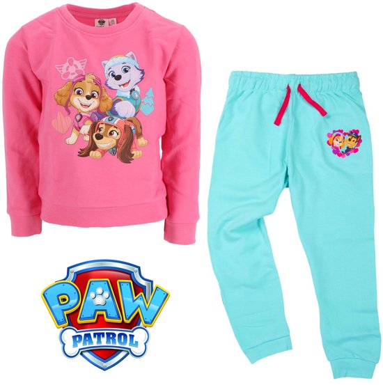 Paw Patrol joggingbroek en trui in roze en turquoise met opdruk van Skye, Everest en Chase.