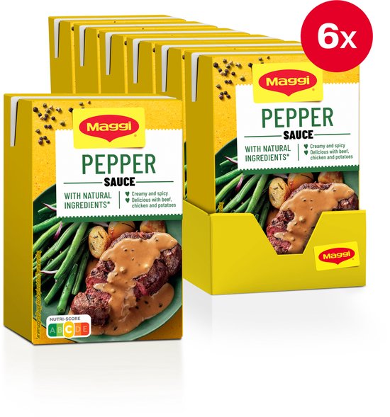 6x Maggi Peper Saus 250ml pakken, met afgebeelde biefstuk, sperziebonen en aardappelen.