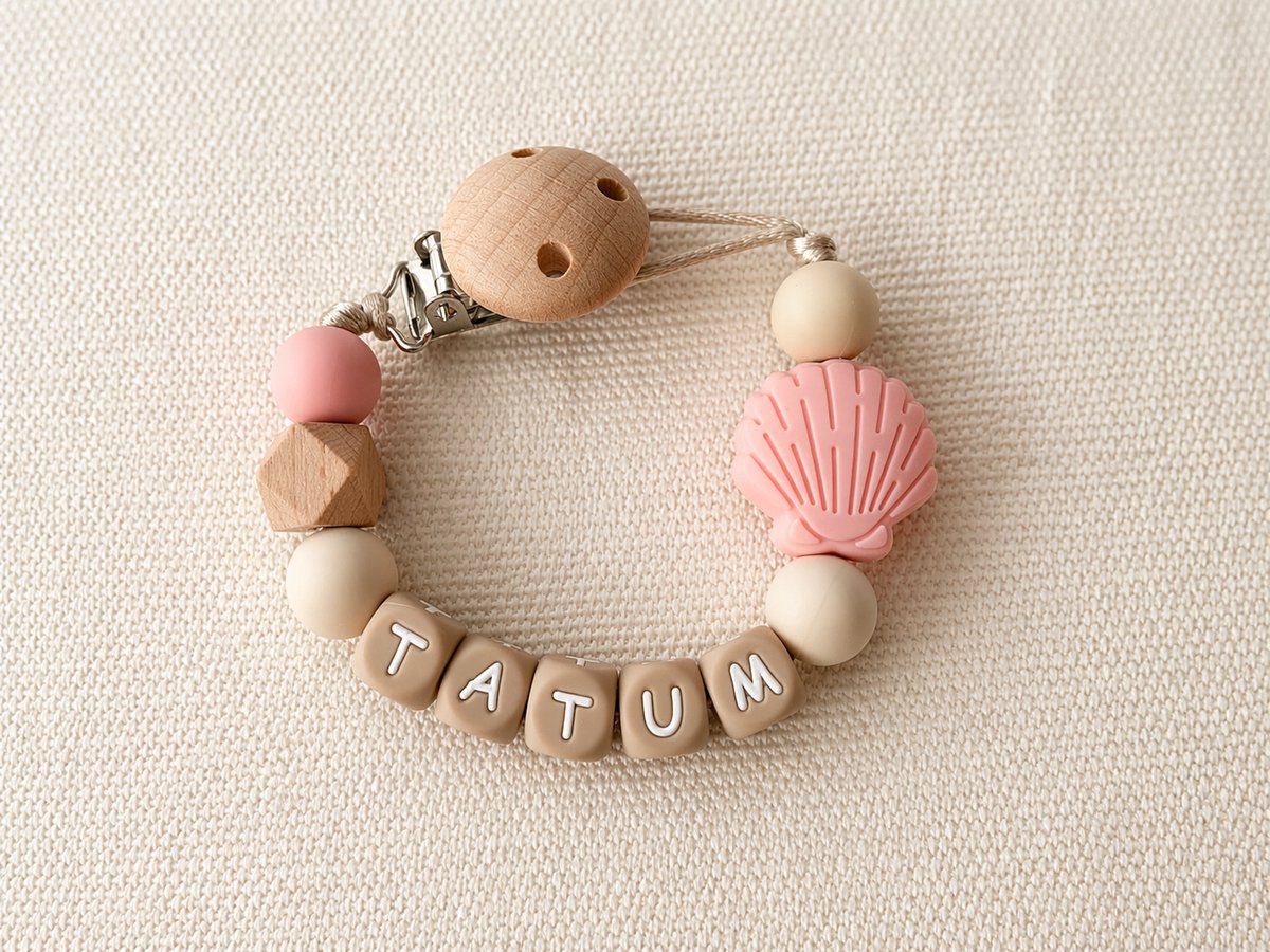 speenkoord met naam | gepersonaliseerd | schelp-roze-beige | kraamcadeau & babycadeau | baby | speenketting