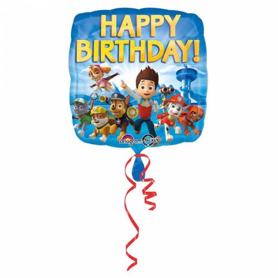 Blauwe verjaardagsballon met PAW Patrol personages en de tekst 'HAPPY BIRTHDAY!'