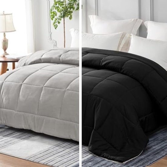 Dekbed 220 x 240 cm - 300 g/m² Microvezel - 4-seizoenen - Zwart/Lichtgrijs - Gewatteerd en ademend voor tweepersoonsbed