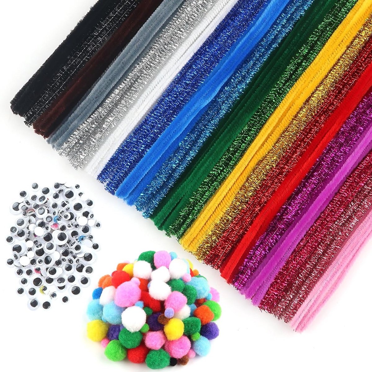 100 Stuks Chenille Draad met Beweegbare Ogen en 154 Stuks Multicolore Pompoms voor Creatieve DIY Projecten en Knutseldecoratie