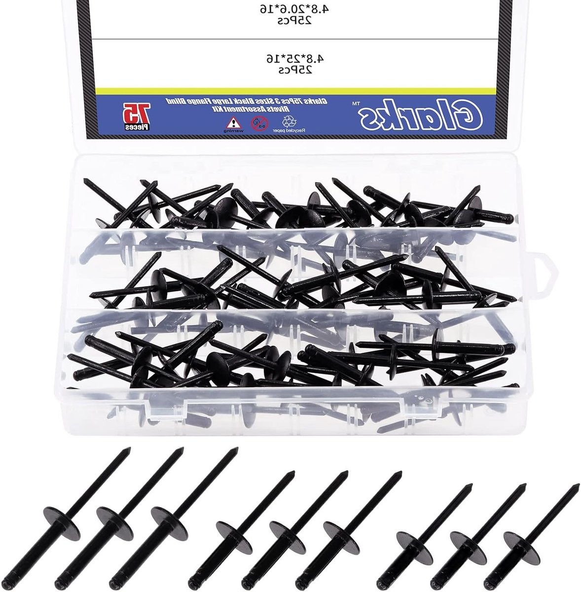 75-delige assortiment zwarte grote flens blindpopnagels 3/16" x 5/8" / 13/16" / 1" voor metaalverbindingen, pijpen en automotive toepassingen