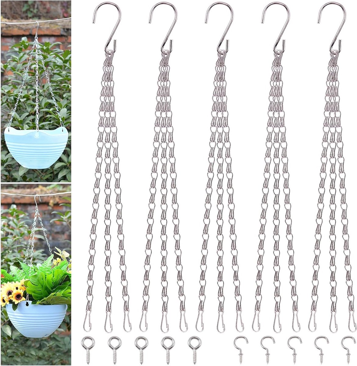 15-delige set metalen hangmandkettingen van 16 inch, inclusief vervangingskettingen, schroefogen en haken voor planten, vogelvoeders en decoraties
