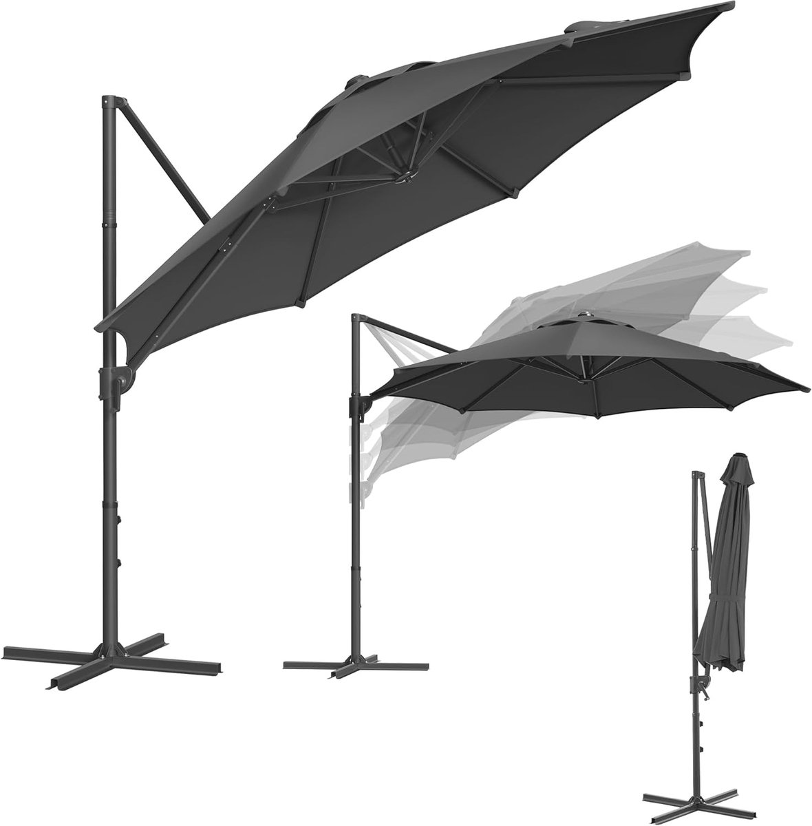 Zweefparasol 300 cm Rond – 360° Draaibaar & Kantelbaar (0-60°) – UPF 50+ UV Bescherming – Met Zwengel & Kruisvoet – Stalen Frame – Tuinparasol Grijs – Nicolehome