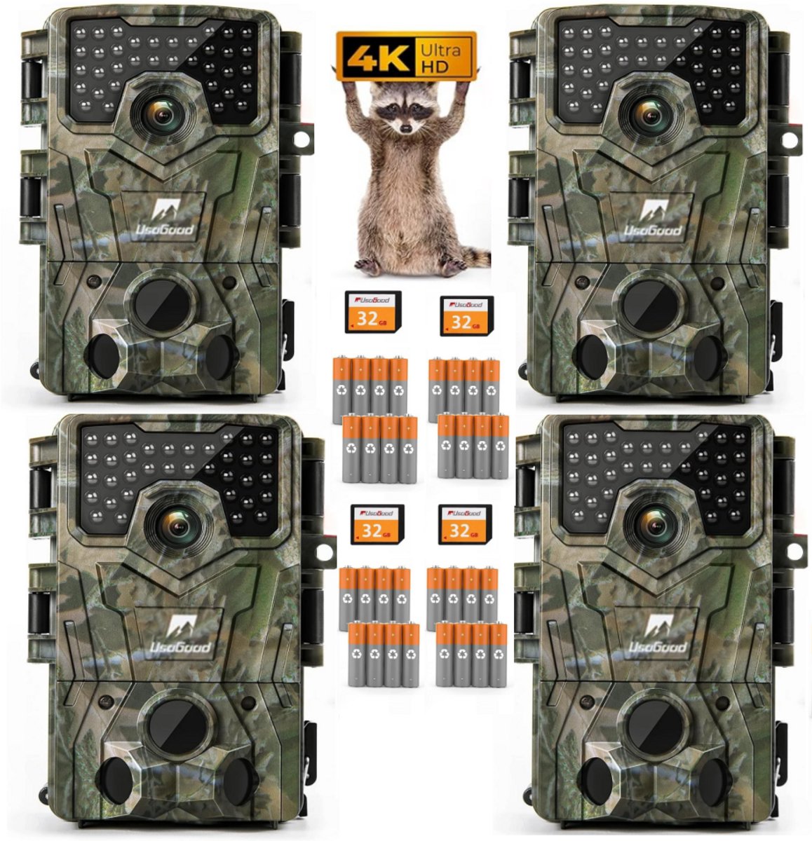 Usogood Wildcamera met Nachtzicht voor Buiten - 4K Ultra HD 48MP - Incl. 32GB SD & 8 Batterijen - Trail Camera - Wildcamera voor Buiten / Wildlife Camera - 4 Stuks