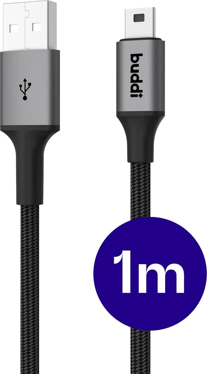 Image of Buddi Flex USB-A naar Mini-USB Kabel - 12W Fast Charge - Korte Kabel - 1 Meter - Kabel voor Playstation 2 en 3 Controller - Voor o.a. Grafische Rekenmachines, GPS, Dashcam, MP3/MP4, Recorders - Zwart