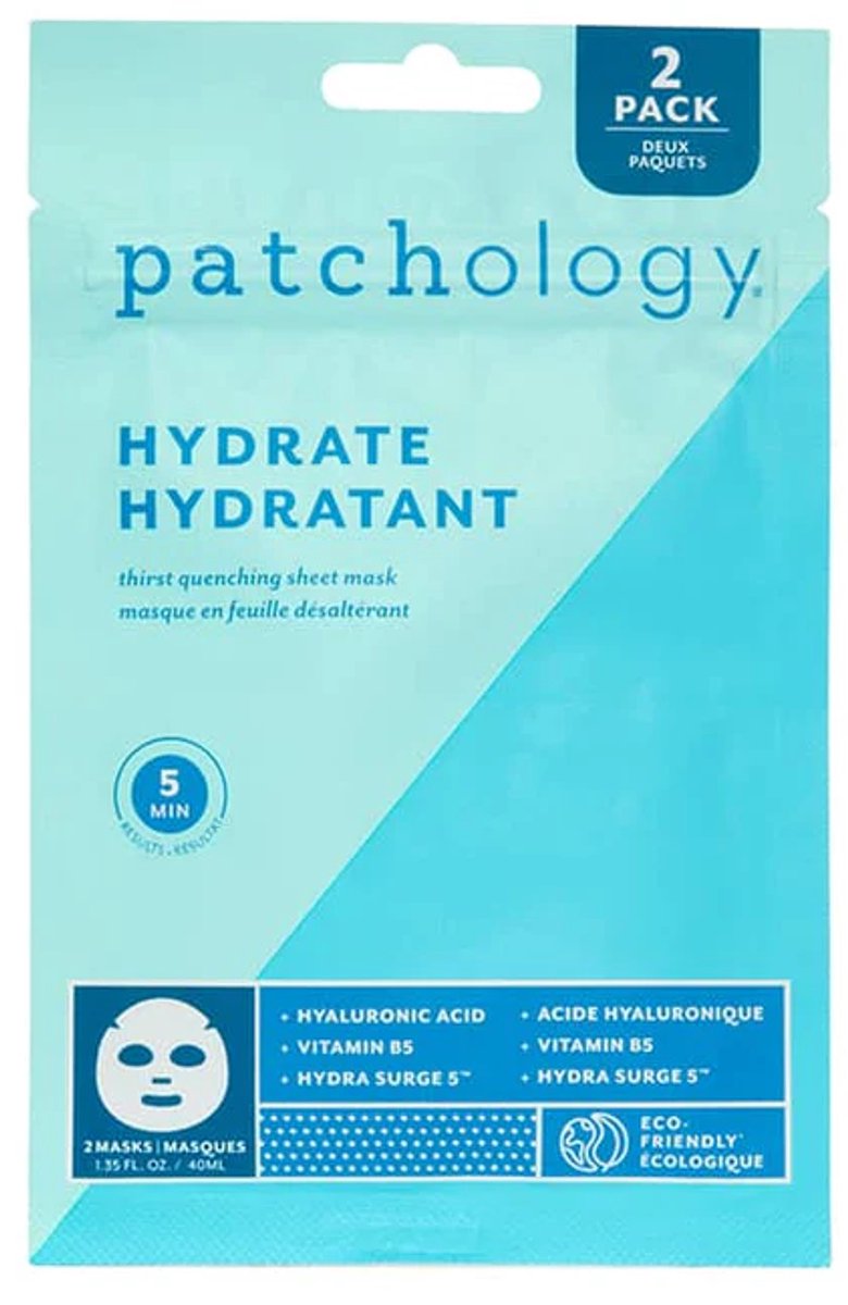 Patchology FlashMasque Hydrate 5 Minute Face Sheet Mask Duo-Pack – Intens Hydraterend Gezichtsmasker Met Hyaluronzuur, Vitamine B5 & Betaïne – Voor Droge En Vochtarme Huid – Snelle Hydratatie & Glow In 5 Minuten – 2 Maskers