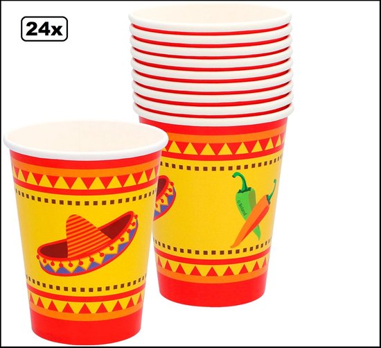 24x Feest bekers Mexico Fiesta 250ml rood/geel karton - Landen Zomer Summer beach festival party tropical - Mexicaanse Bekers Fiesta 250ml