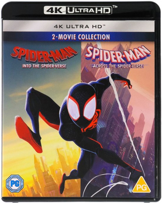 De voorkant van de 4K Ultra HD Blu-ray 2-filmcollectie van Spider-Man: Into the Spider-Verse en Across the Spider-Verse. Toont Miles Morales in een actieve pose, met aan beide kanten de filmtitels.