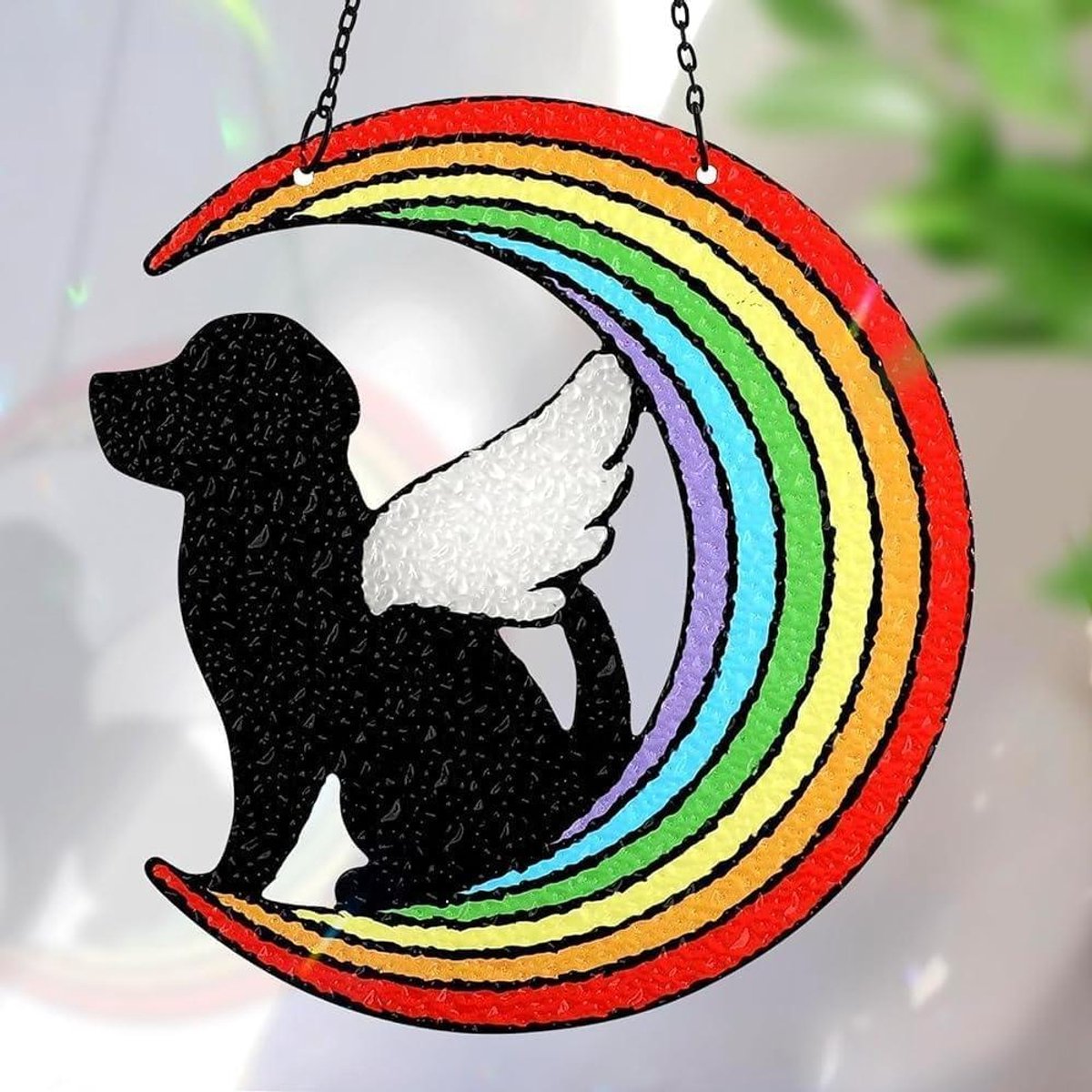 Glas In Lood Hond - Honden Herdenking - Huisdier Herinnering - Dubbelzijdig Glas - 7.4 Inch Diameter - Regenboog