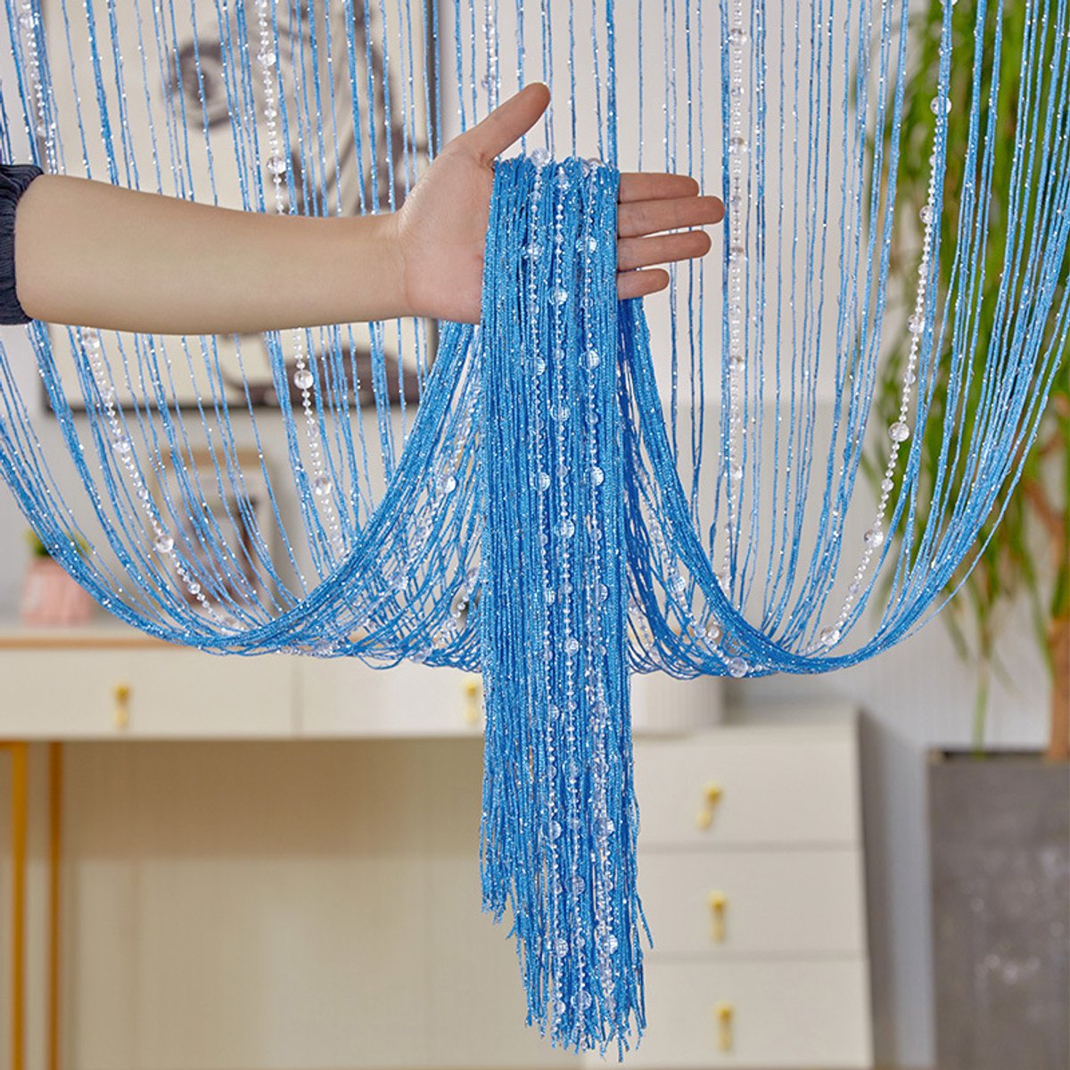 Vliegengordijn, Deurgordijn, Gordijn van draad met kristallen kralen, schermgordijn met kwastjes, geschikt voor deuropening, binnen decoratie, salon, bruiloft, feestdecoratie, woonkamerafscheiding - 1x2 meter(Hemelsblauw)| Cyslmuk®