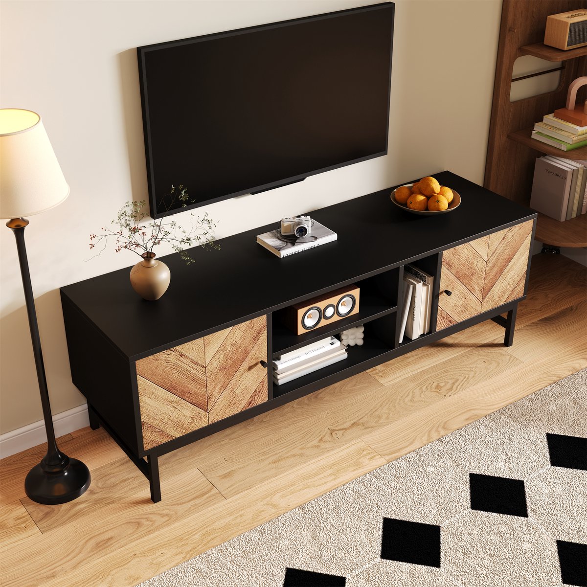 Lemonbest tv-meubel – 150x38x55 cm – Contrasterend zwart en hout design – Multifunctionele opbergruimte – Modern minimalistisch design.