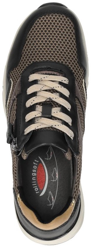 Bovenaanzicht van de zwarte Gabor Rollingsoft sneaker met bruine mesh tong en 'rollingsoft' voetbed.