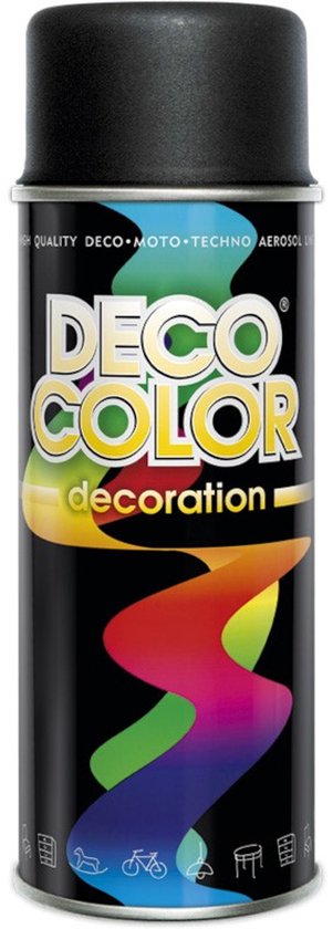 Zwarte spuitbus met de tekst "DECO COLOR decoration" en een kleurrijke golf. Mat zwart.