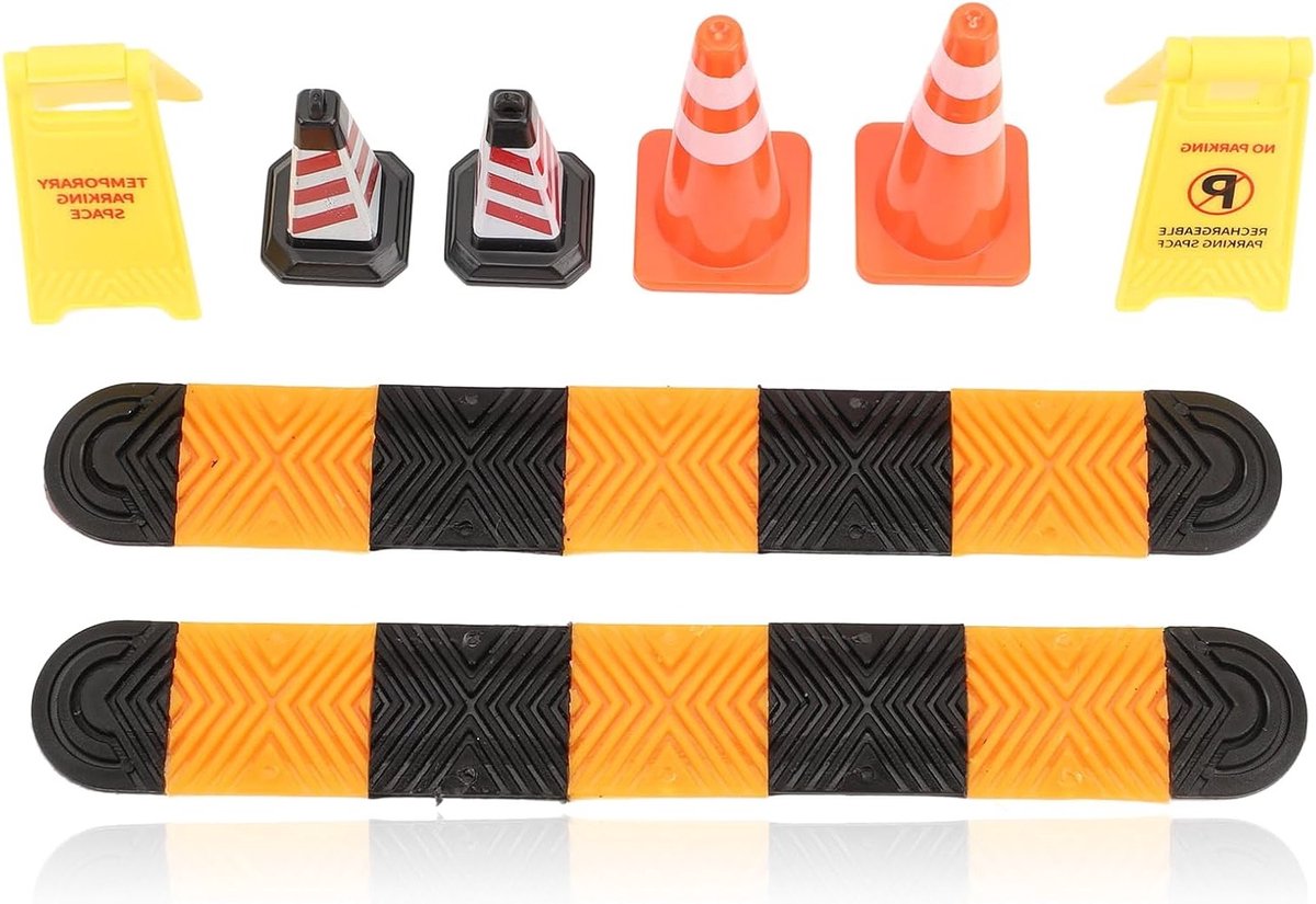 Set van 4 verkeerskegels, 2 verkeersdrempels en 2 waarschuwingsborden voor schaalmodellen 1/18 en 1/24