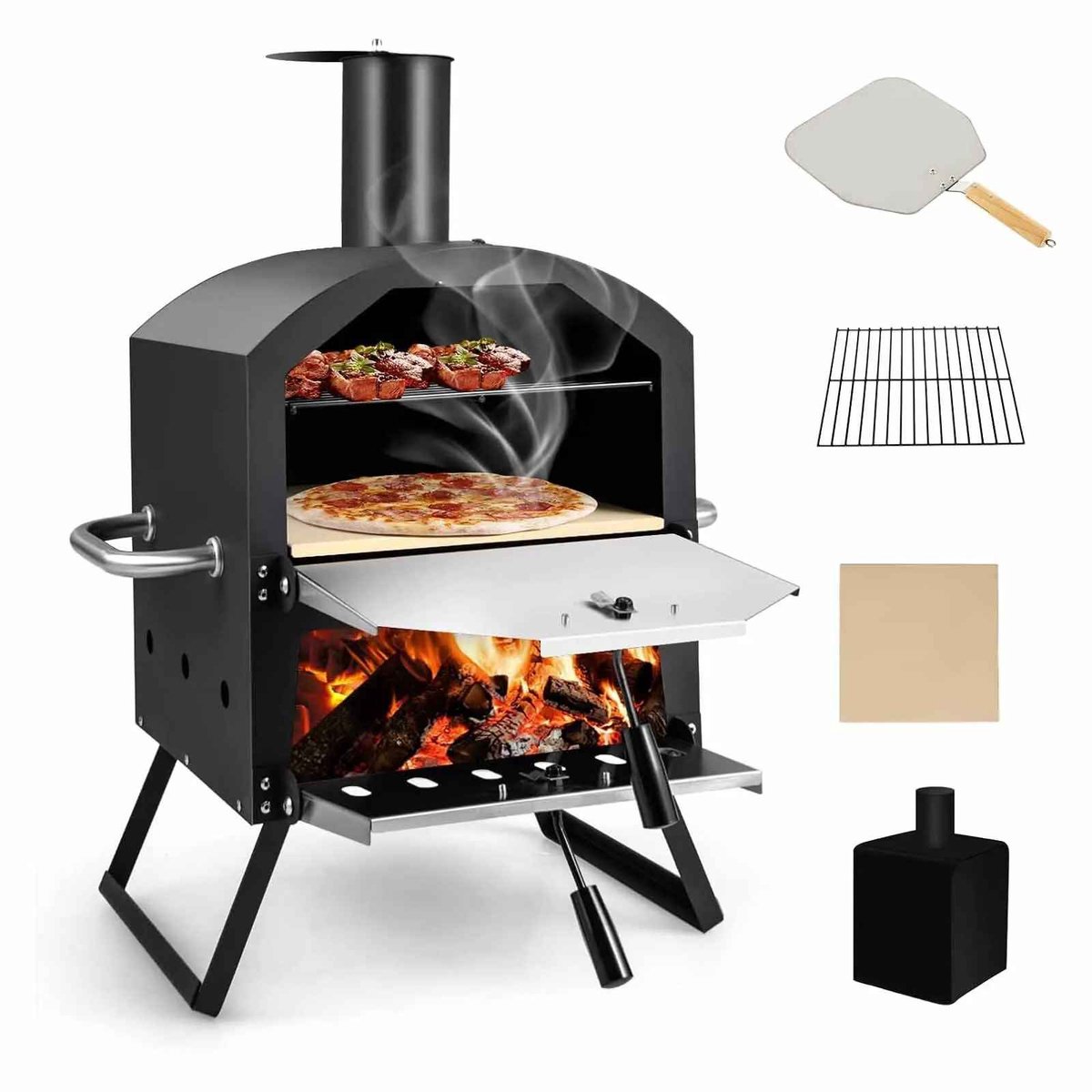 CORE Pizzaoven - Buitenoven - Buitenpizzaoven - 2-laags met grilrooster - Pizzasteen - Pizzaschep - Hittebestendige handgrepen
