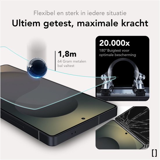 Flexibel en sterk: valtest van 1,8m met 64g bal en buigtest van 20.000x.