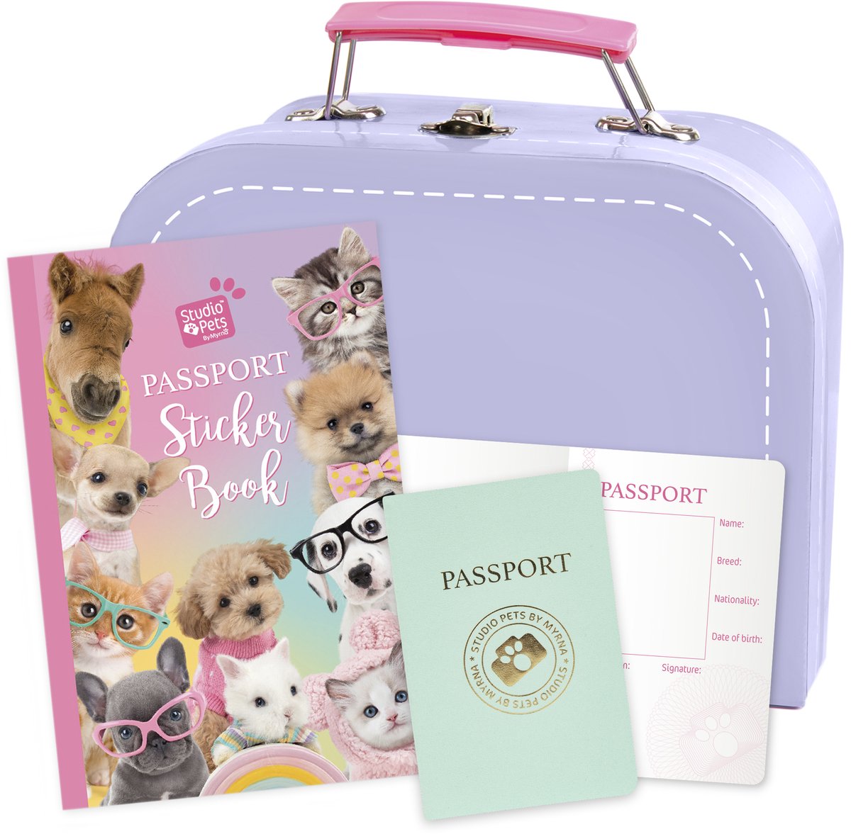 Studio Pets® Lila kartonnen koffertje met stickerboek en paspoort (20×8,7×15,5 cm) – ideaal voor onderweg