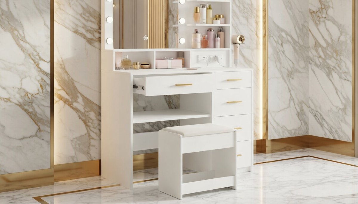 Make-uptafel met LED-verlichting, Spiegel en Kruk – Kaptafel / Vanity Desk 90x40x139 cm – 5 Lades & Opbergruimte – Dimbare 3 Lichtmodi – Stopcontact USB & USB-C – Föhnhouder – Wit Modern Design – abtkantoor