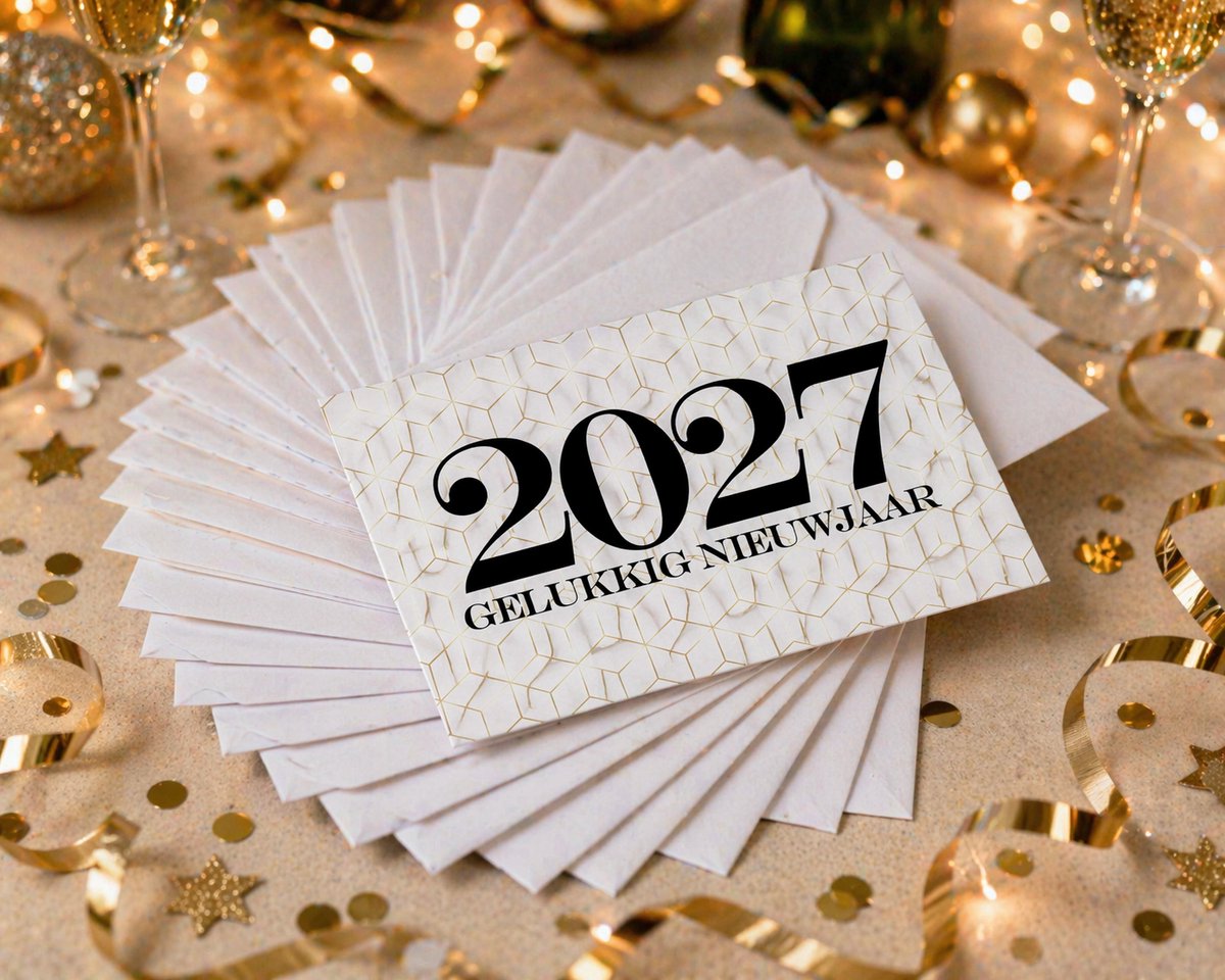 HOWAF Happy New Year-kaarten, 9 stuks, 2025, nieuwjaarswenskaarten met enveloppen en stickers, winterse wenskaarten voor feestdagen met sneeuwvlokken