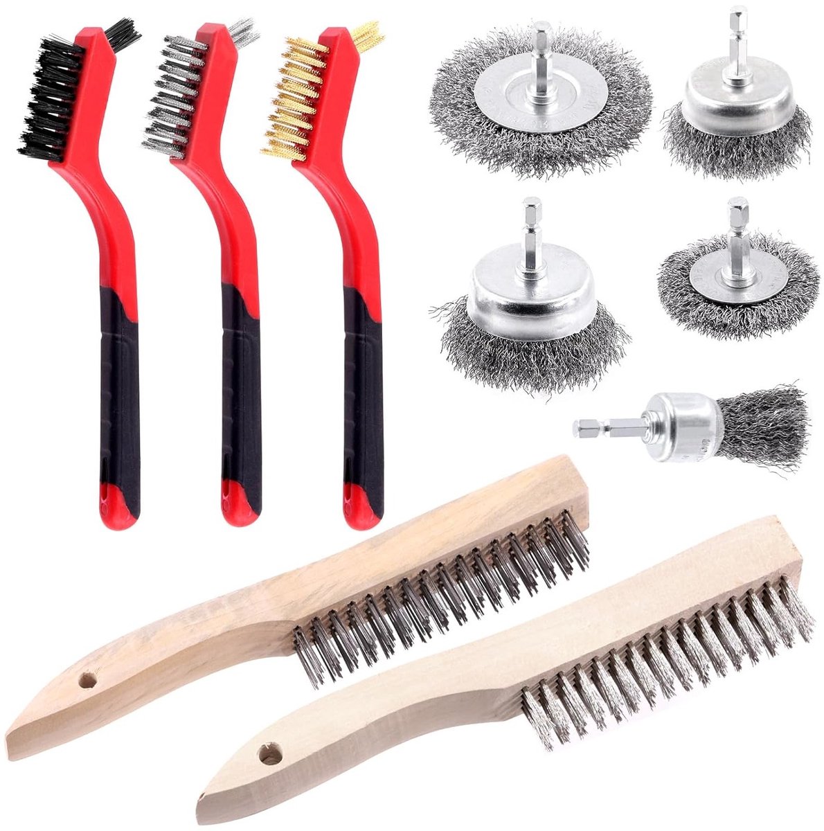 Set van 10 draad schrobborstels, inclusief 5 draadwielen, 3 messing/nylon/roestvrijstalen borstels met houten handvat en 2 roestvrijstalen borstels voor effectief reinigen en schuren