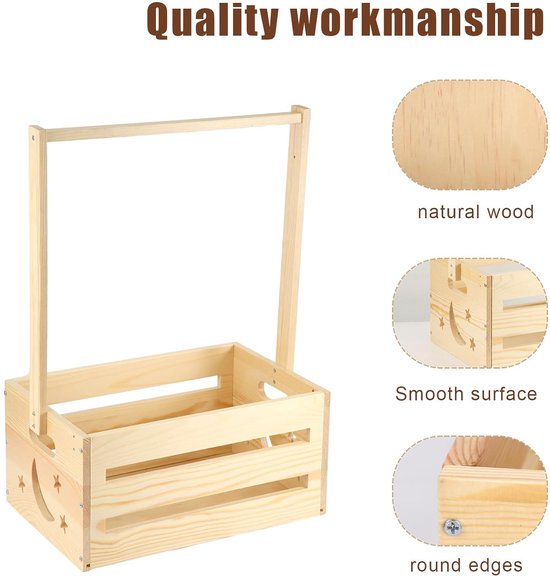 Houten kist met handvat, sterren en manen. Natuurlijk hout met gladde oppervlakken en ronde randen.