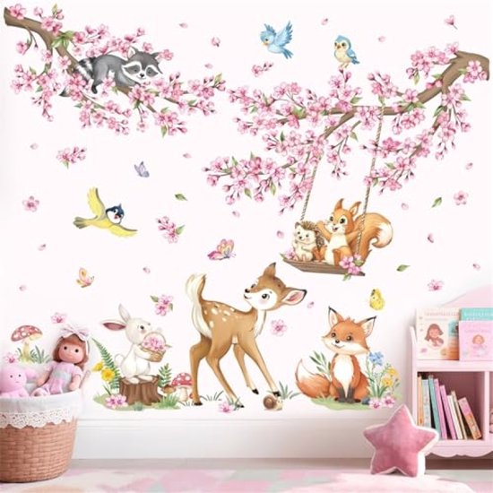 Ensemble de stickers muraux animaux de la forêt avec fleurs de cerisier - 2 feuilles - Décoration murale amovible pour chambre d'enfant - Rose, blanc, vert - 101x77 cm