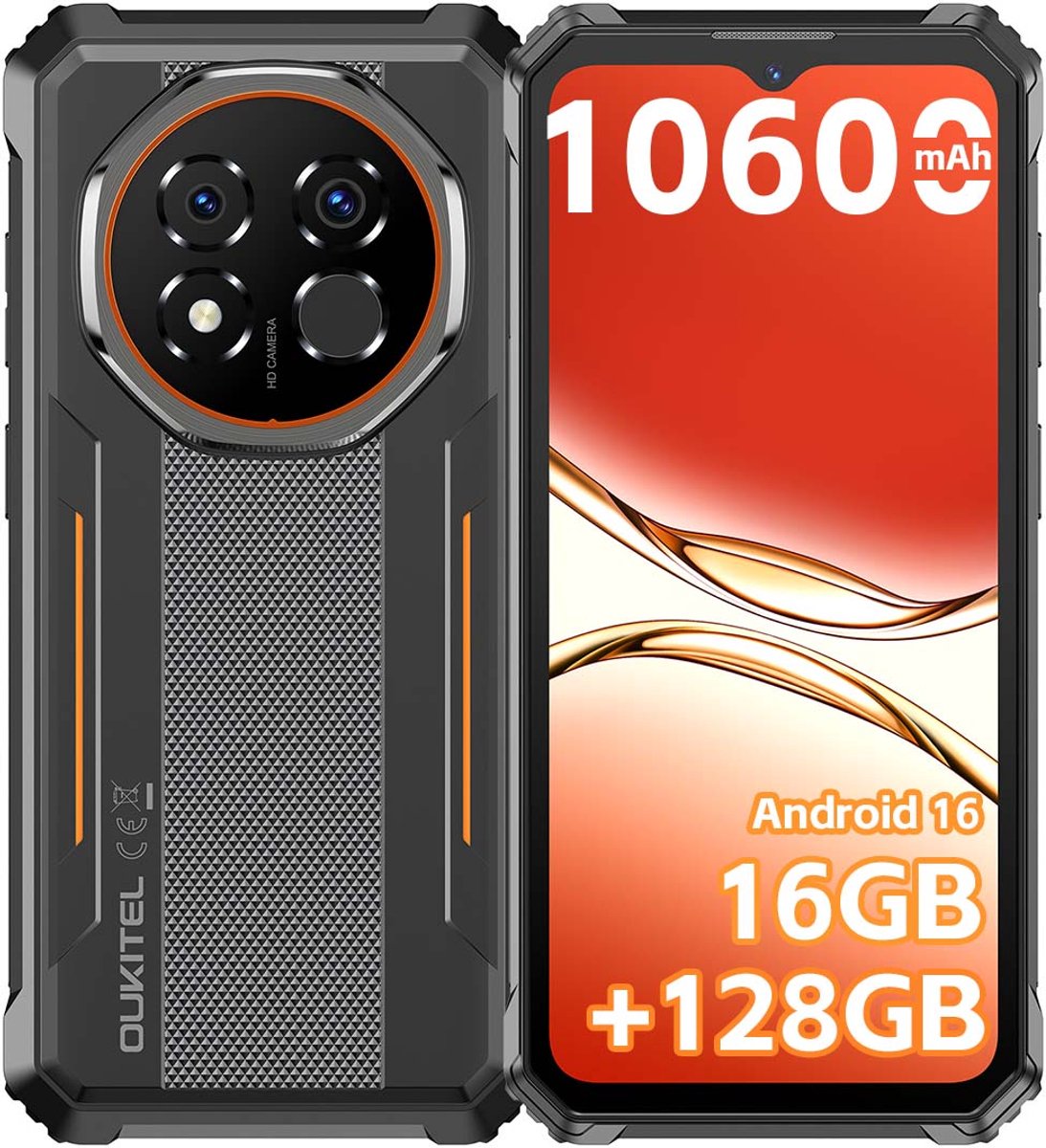 OUKITEL G6 Rugged Smartphone - 16GB RAM - 128GB ROM - 6,52 inch - 10600 mAh - Android 16 - IP68/IP69K Outdoor telefoon - NFC GPS - Oranje
