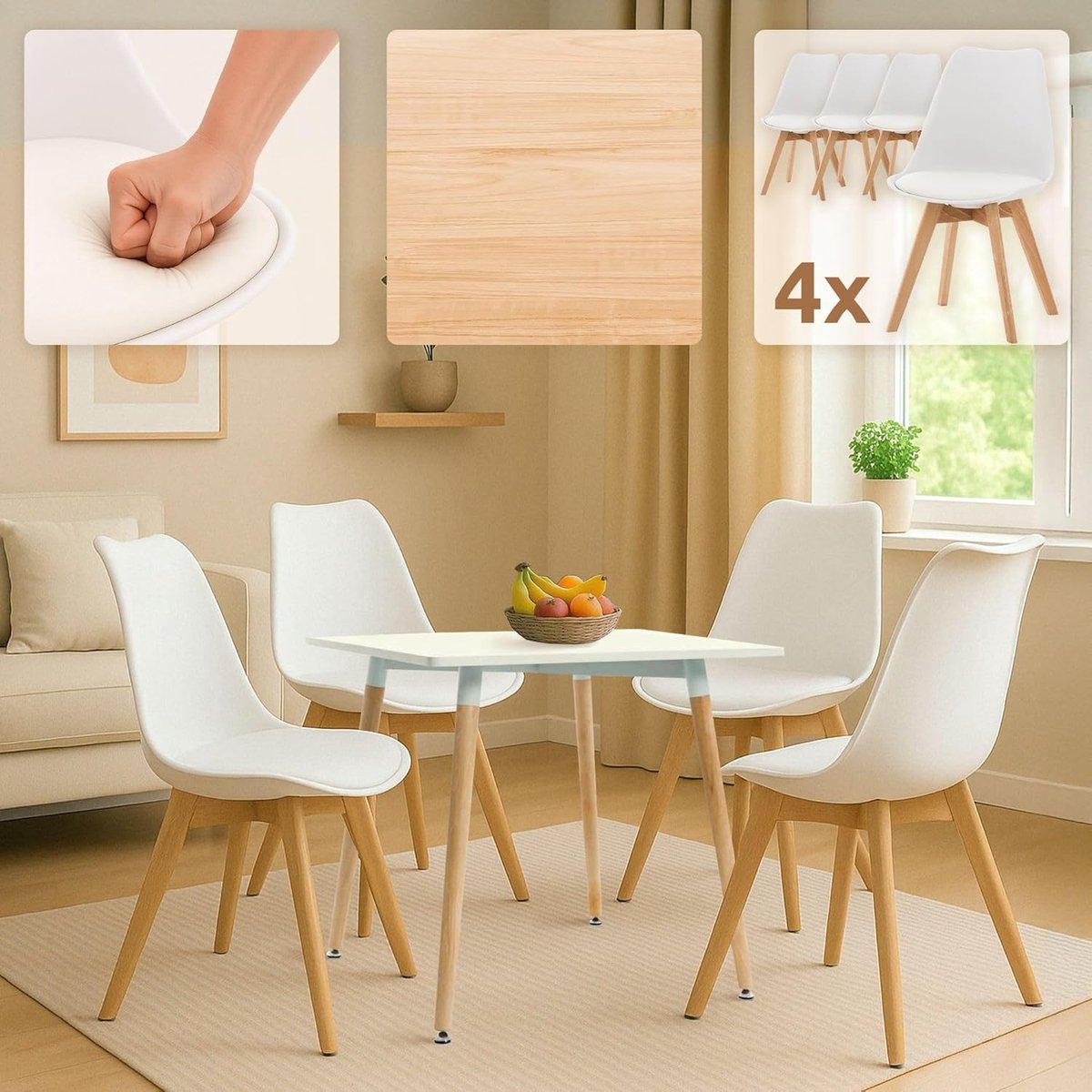 Scandinavische Lente 5-Delige Ruimtebesparende Eetset met Tafel en Stapelbare Stoelen – Natural/Wit, Compact Design 75x80x80 cm