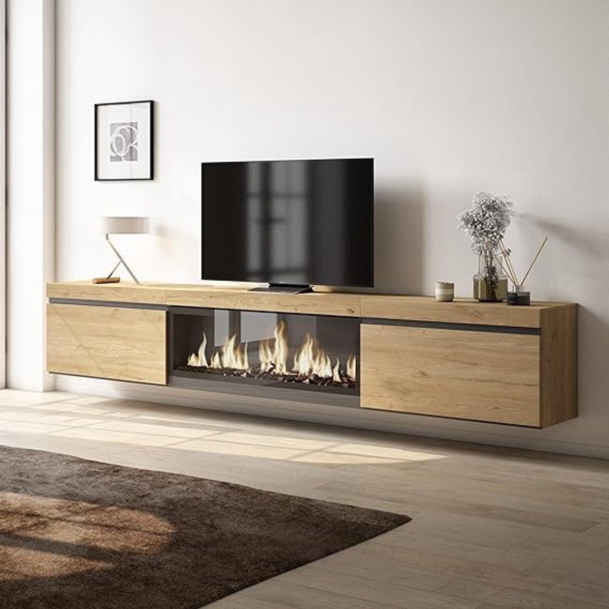 Luxe Zwevend TV-Meubel met Elektrische XXL Sfeerhaard en Opbergmodules 267x45x35 cm – Oak Design Modern Woonkamermeubel