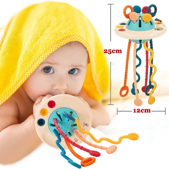 Taishengda®Babyspeelgoed 1 2 3 jaar, Montessori-speelgoed 1 jaar, sensorisch speelgoed voor baby's, bijtspeelgoed voor baby's van 6 9 18 maanden, UFO-siliconen trektouwspeelgoed, cadeau voor meisjes en jongens — afbeelding 3