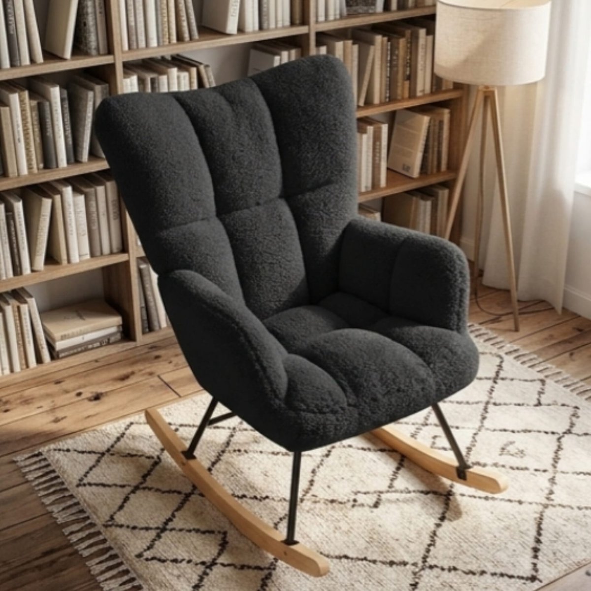 Schommelstoel 90x71x97 cm – luxe teddy bouclé relaxstoel met voetenbank en armleuningen – moderne loungestoel voor woonkamer en slaapkamer – zwart – Urbanhome