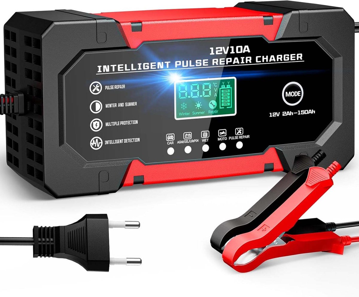 Fokelyi Acculader 12V/10A - Reparatiemodus - Druppellader - Accu Lader voor Auto / Motor / Scooter / Boot / Camper-LCD-Display - Rood
