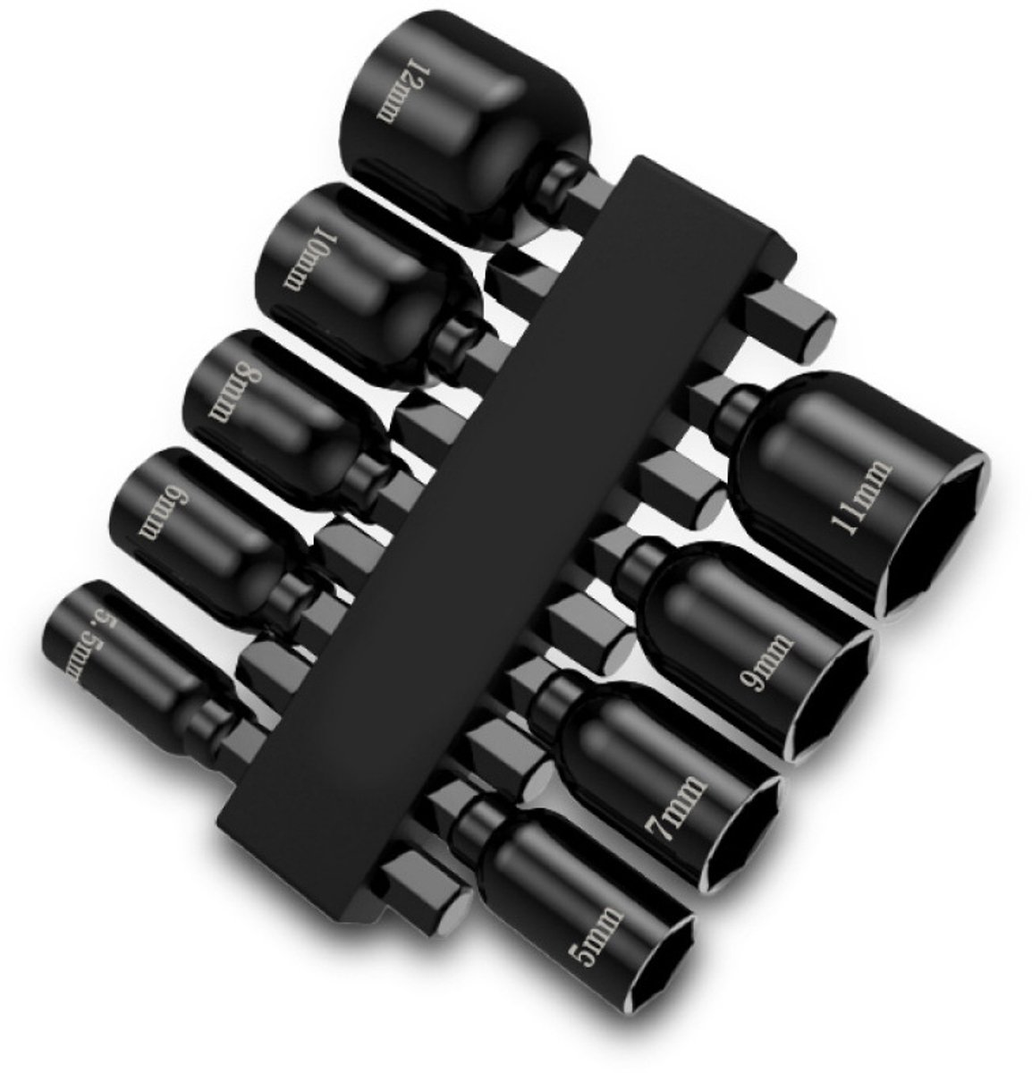 Magnetische dopsleutelset, 9-delig, met snelontgrendelingsmechanisme, 1/4-inch zeskantschacht, geschikt Geschikt voor boren/schroevendraaiers, maten 5 mm tot 12 mm.