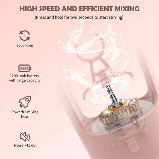 Elektrische blenderbeker, 601-700 ml inhoud, met poederreservoir, draagbaar, 1200 mAh capaciteit, geschikt voor smoothies en eiwitpoeder, roze. van Merkloos — afbeelding 4