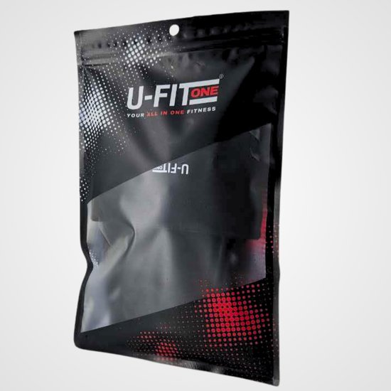 Zwarte verpakking van U-Fit One sportkleding met rode en witte accenten.
