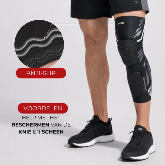 Zwarte compressiesleeve met padding, met een detailfoto van anti-slip materiaal en pijlen.